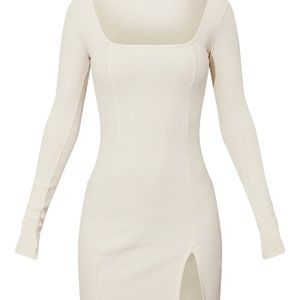 Brand new Cream Rib Split Hem Square Neck Long Sleeve Bodycon Dress
